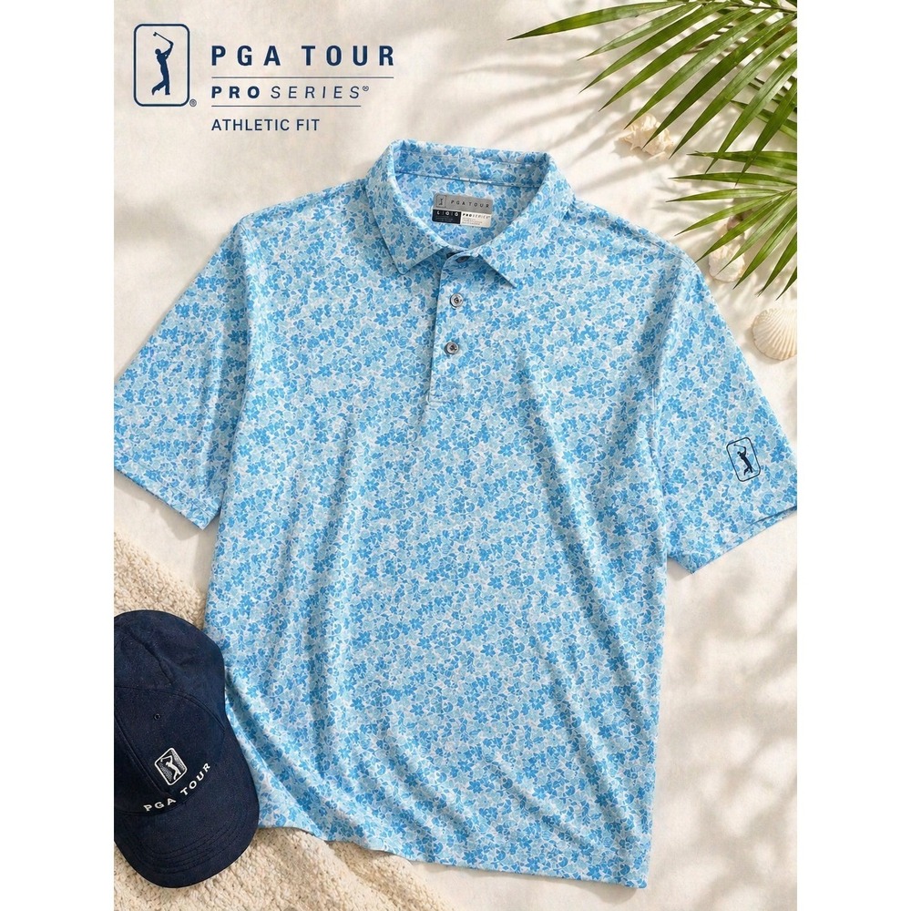 Pga Tour Mens Athletic fit Short Sleeve Polo Shirt Large Blue Floral Moisture